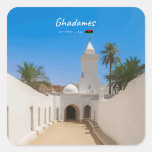 Pegatina Cuadrada Ghadames, Libia - Mezquita Blanca