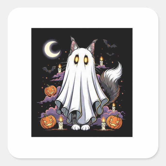 Pegatina Cuadrada Ghostly Coon - Fluffy Maine Coon Halloween (Anverso)