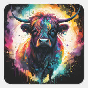 Pegatina Cuadrada Ghostly Grace: Vaca Highland espectral Holográfica