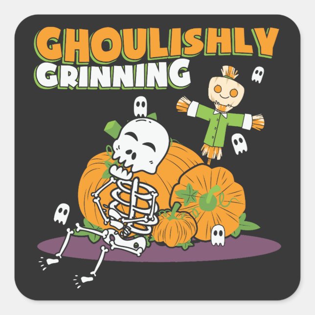 Pegatina Cuadrada Ghoul Ghoul Ghouly Grinning Halloween (Anverso)