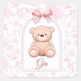Pegatina Cuadrada Gia Diseño de guardería de osito rosado personal