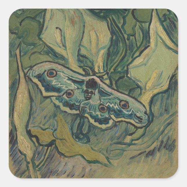 Pegatina Cuadrada Giant Peacock Moth (1889) de Vincent van Gogh (Anverso)