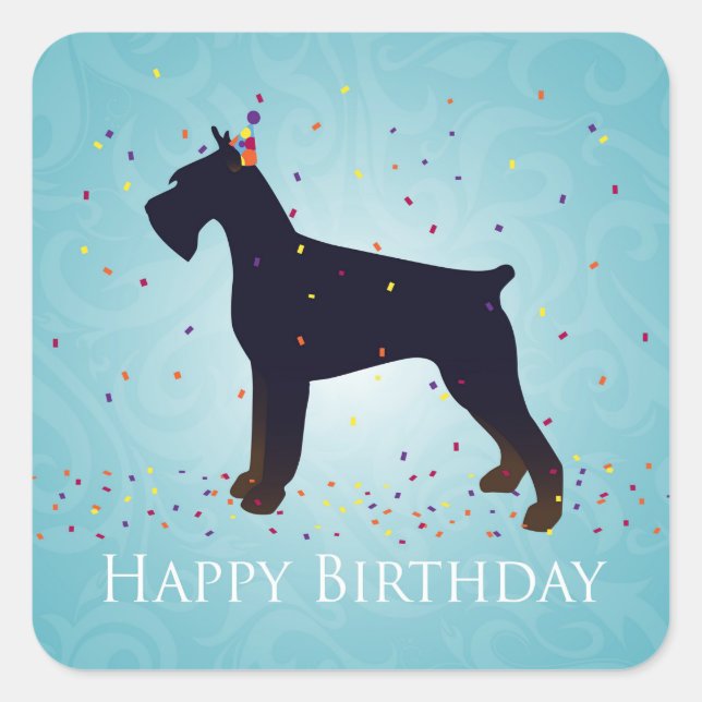 Pegatina Cuadrada Giant Schnauzer Happy Birday Design (Anverso)