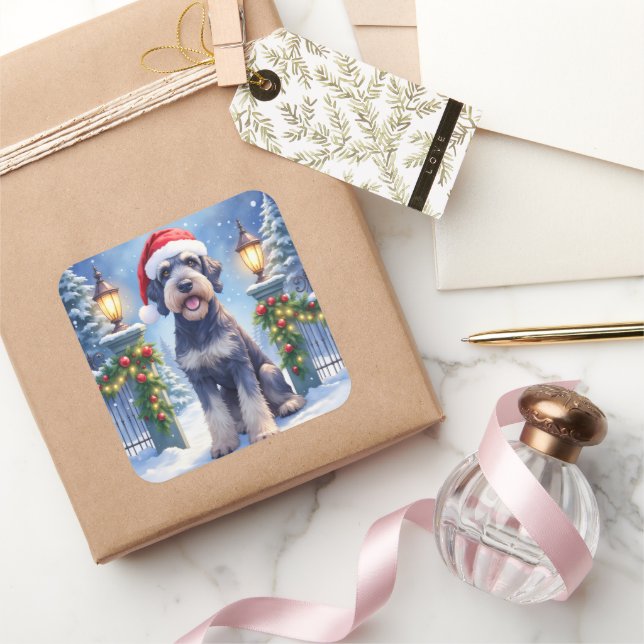 Pegatina Cuadrada Giant Schnauzer Snowy Iron Fence Santa Christmas (Regalar)