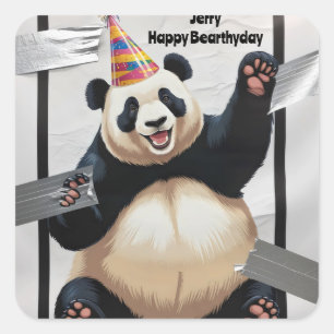 Pegatina Cuadrada Gigante panda sentado usando gorra de cumpleaños