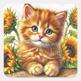 Pegatina Cuadrada Ginger Kitten entre el arte de los girasoles