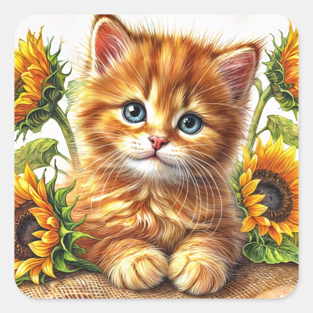Pegatina Cuadrada Ginger Kitten entre el arte de los girasoles (Anverso)