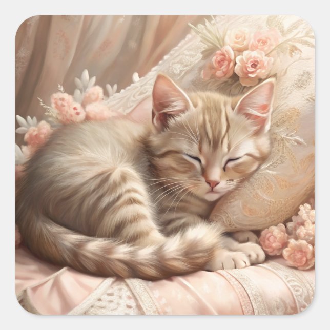 Pegatina Cuadrada Ginger Kitten Sleeping (Shabby Chic) (Anverso)