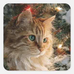 Pegatina Cuadrada Ginger Maine Coon Navidad
