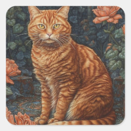 Pegatina Cuadrada Ginger Tabby Cat y Rosas
