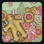 Pegatina Cuadrada Gingerbread Christmas Sticker<br><div class="desc">Este chico de pan de jengibre está rodeado por una variedad de dulces y galletas de Navidad en este pegatina festivo. El diseño es de arte original.</div>
