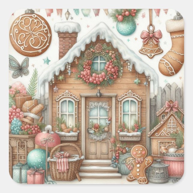 Pegatina Cuadrada Gingerbread House & Cookies (Anverso)