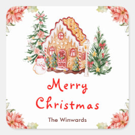 Pegatina Cuadrada Gingerbread House Red Merry Christmas
