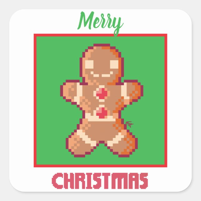Pegatina Cuadrada GingerBread Man, Merry Christmas pixel art (Anverso)