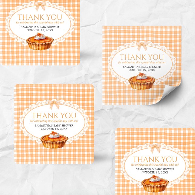 Pegatina Cuadrada Gingham Little Cutie Pie Baby Shower (Little Cutie Pie Gingham Pumpkin Baby Shower Sticker)