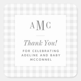 Pegatina Cuadrada Gingham Monograma Gris y Blanco Gracias