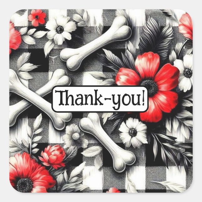 Pegatina Cuadrada Gingham Plaid Black White Red Floral Gracias (Anverso)