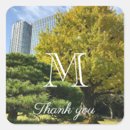 Pegatina Cuadrada Ginkgo amarillo dorado y árbol de pino