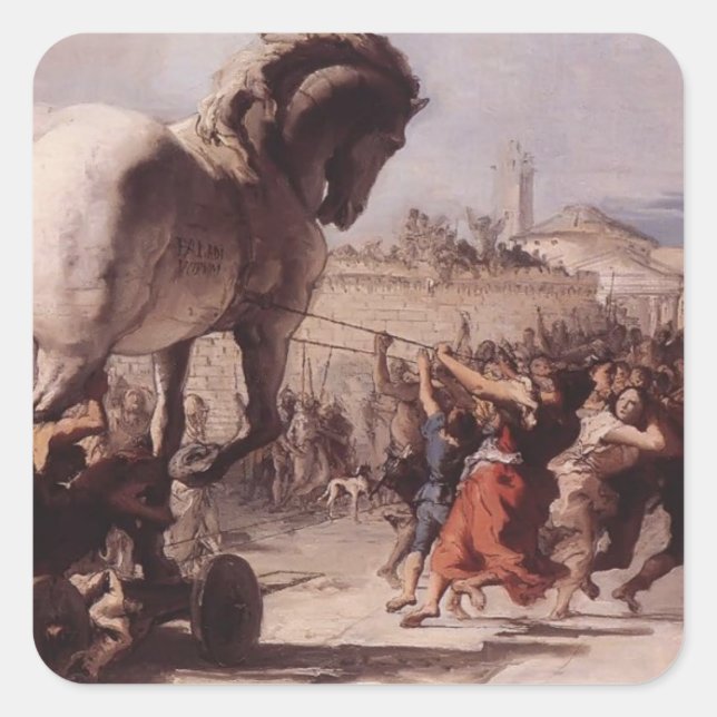 Pegatina Cuadrada Giovanni Tiepolo- Procesión del caballo de Troya (Anverso)