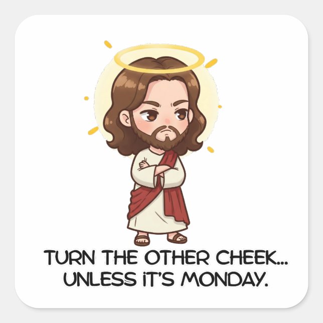 Pegatina Cuadrada Gira la otra mejilla... a menos que sea lunes - Je (Anverso)