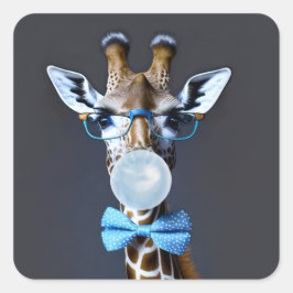 Pegatina Cuadrada Girafa con gafas, corbata de arco soplando chicle 