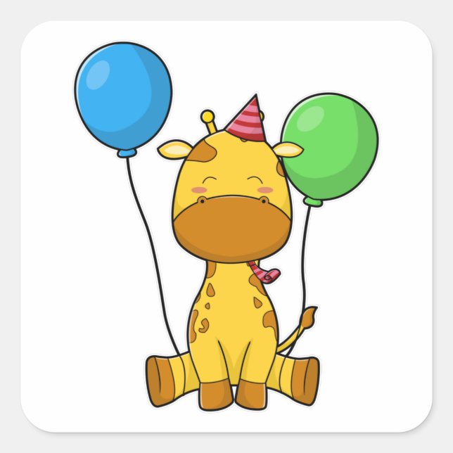 Pegatina Cuadrada Girafa en cumpleaños con globos (Anverso)