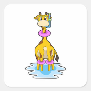 Pegatina Cuadrada Girafa en Natación con anillo de natación