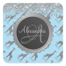 Girafa Purpurinoso sobre Monograma Azul Personaliz