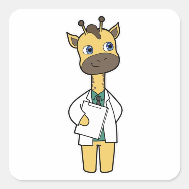 Pegatina Cuadrada Giraffe como Médica con Notepad (Anverso)