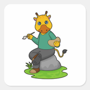 Pegatina Cuadrada Giraffe como pintor con pincel de pintura