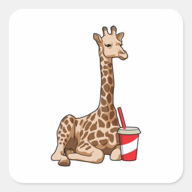 Pegatina Cuadrada Giraffe con bebida (Anverso)