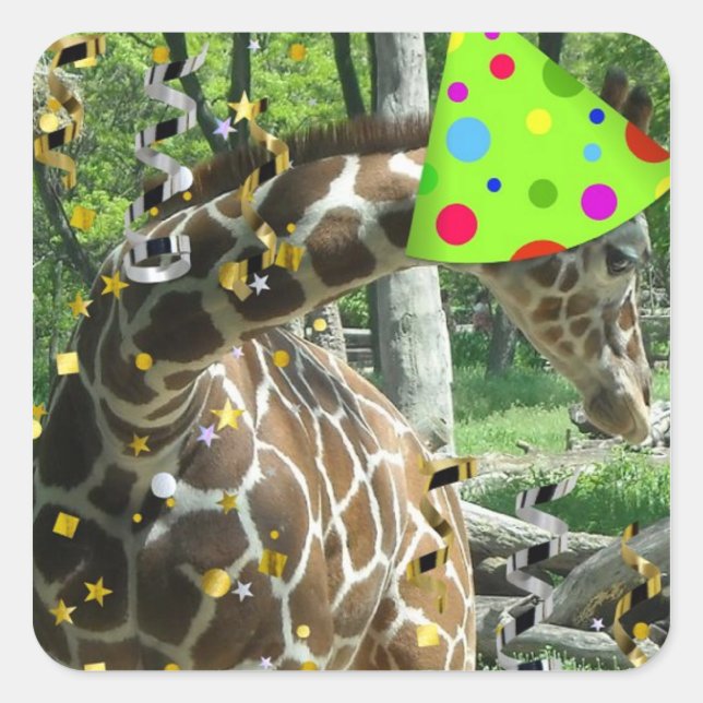 Pegatina Cuadrada Giraffe del Partido del Cumpleaños (Anverso)