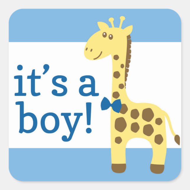 Pegatina Cuadrada Giraffe en Baby Shower azul para niño (Anverso)