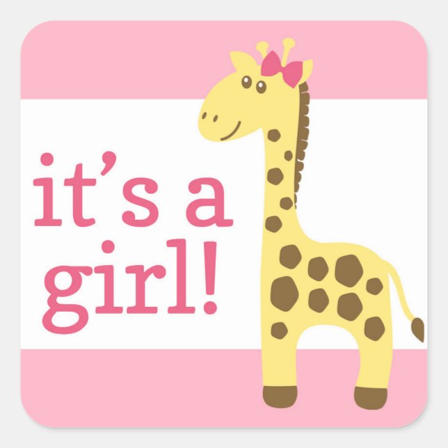 Pegatina Cuadrada Giraffe en Baby Shower rosado para Chica (Anverso)