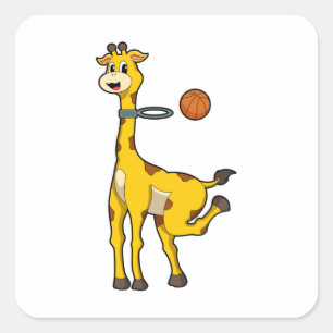 Pegatina Cuadrada Giraffe en baloncesto con aro de baloncesto