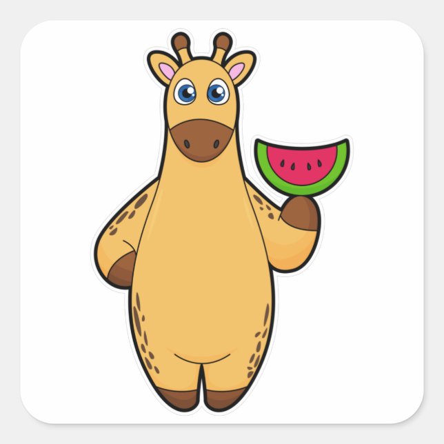 Pegatina Cuadrada Giraffe en comer con sandía (Anverso)