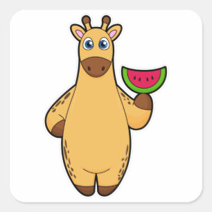 Pegatina Cuadrada Giraffe en comer con sandía
