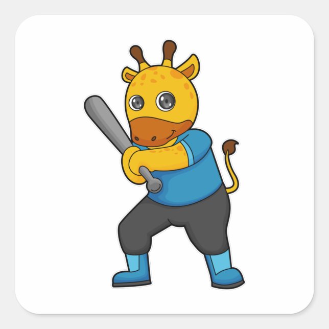Pegatina Cuadrada Giraffe en el béisbol con bate de béisbol (Anverso)