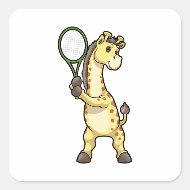 Pegatina Cuadrada Giraffe en el tenis con raqueta de tenis (Anverso)
