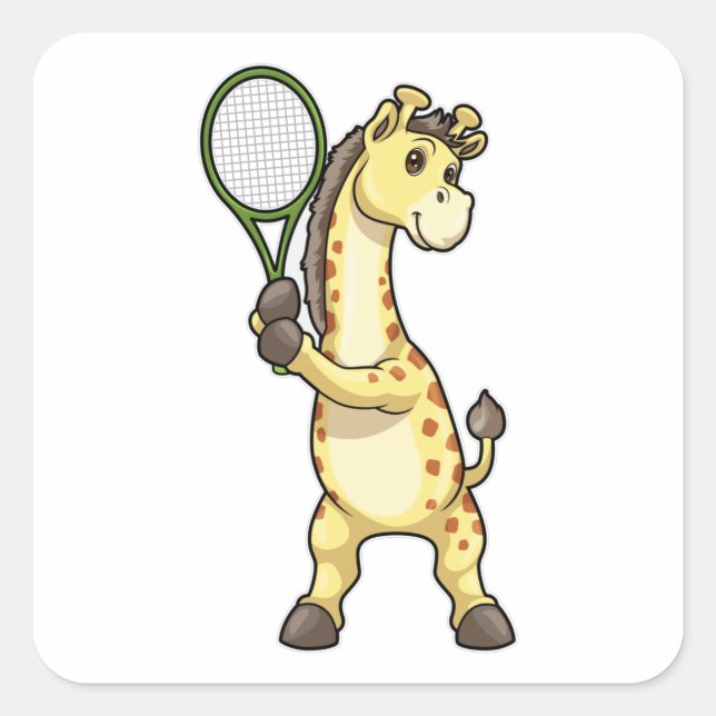 Pegatina Cuadrada Giraffe en el tenis con raqueta de tenis (Anverso)