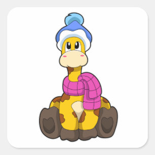 Pegatina Cuadrada Giraffe en invierno con bufanda y Gorra