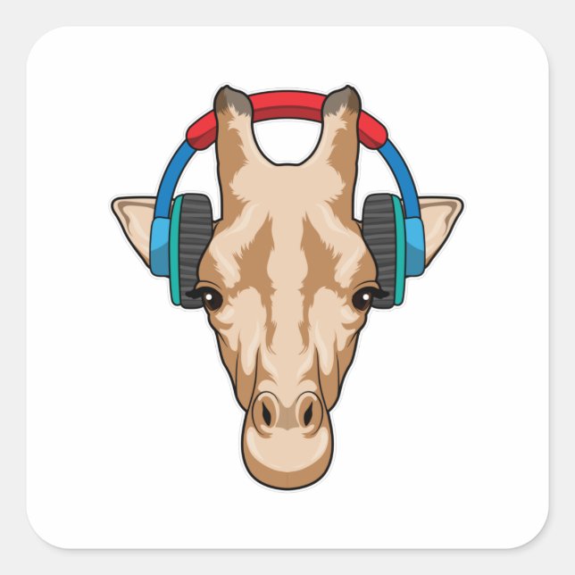 Pegatina Cuadrada Giraffe en la música con auriculares (Anverso)
