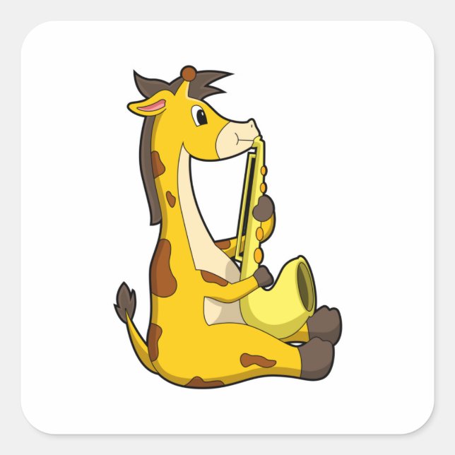 Pegatina Cuadrada Giraffe en la música con saxofón.PNG (Anverso)