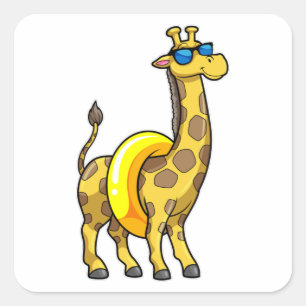 Pegatina Cuadrada Giraffe en la playa con anillo de natación y gafas