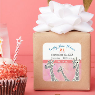 Pegatina Cuadrada Giraffe Familia Bebé Niña Registro de Nacimientos