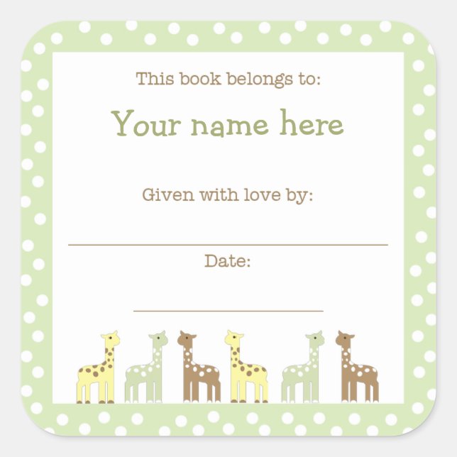Pegatina Cuadrada Giraffe Friends Baby Shower Book Plate Gen neutral (Anverso)