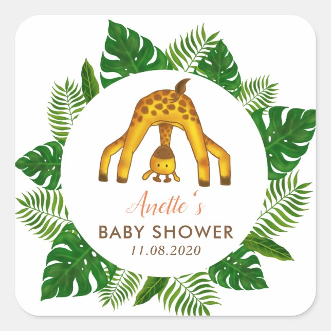 Pegatina Cuadrada Giraffe Safari Jungle Baby Shower (Anverso)