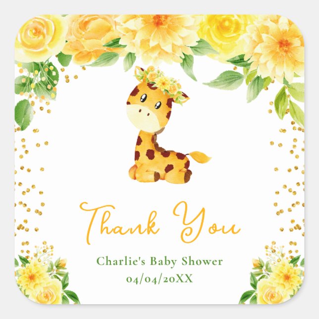 Pegatina Cuadrada Giraffe Yellow Floral Baby Shower Gracias (Anverso)