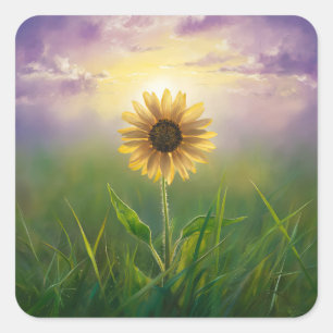 Pegatina Cuadrada Girasol brillante en el campo de hierba