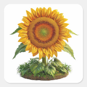 Pegatina Cuadrada Girasol brillante en plena floración con hoja verd